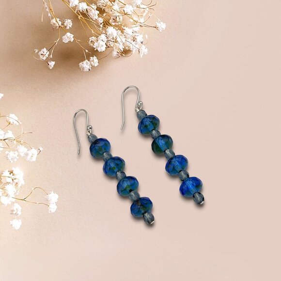Faceted Cobalt Blue Linear Beaded Earrings Czech Glass Platinum Plated Ear Wires - Picture 8 of 8